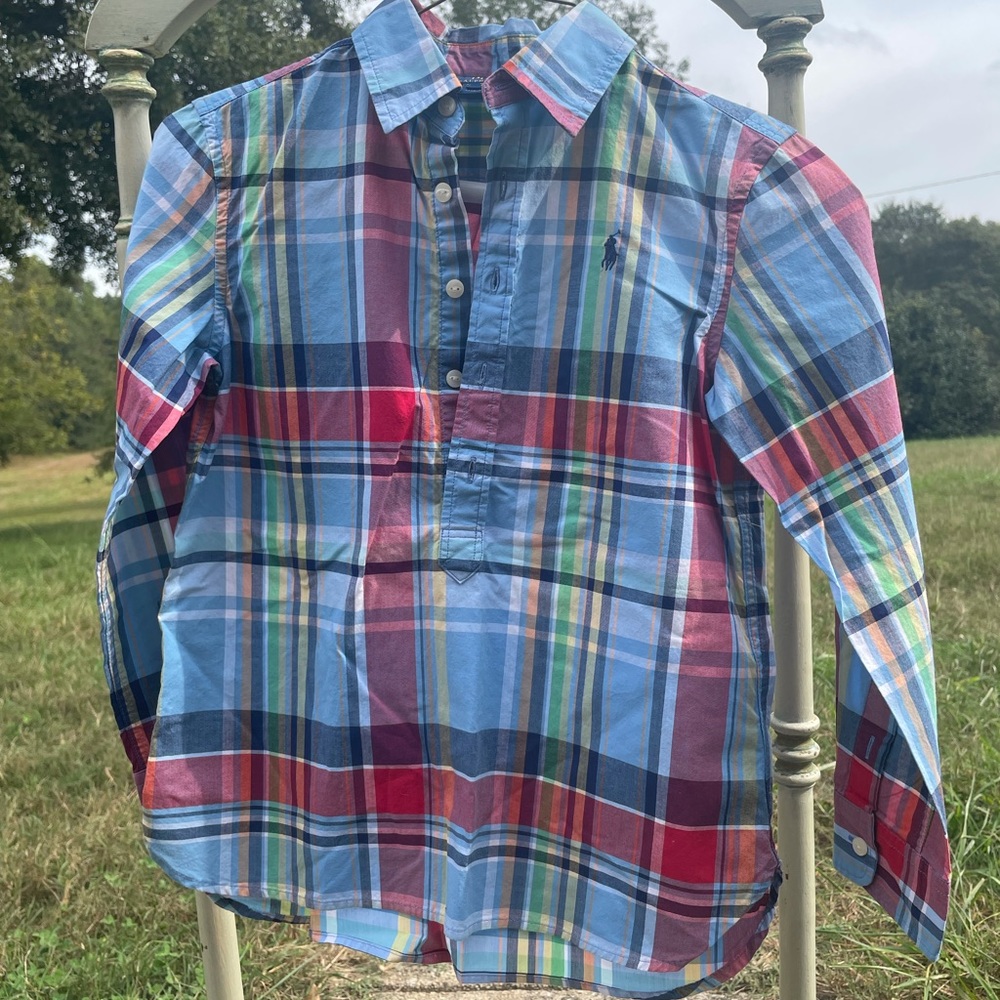Ralph Lauren Polo Plaid Shirt, Girls Size 7. Blues, Reds, Yellow & White Plaid.